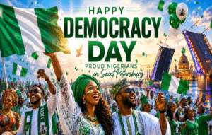 Happy Nigerians celebrating Democracy Day in Saint Petersburg