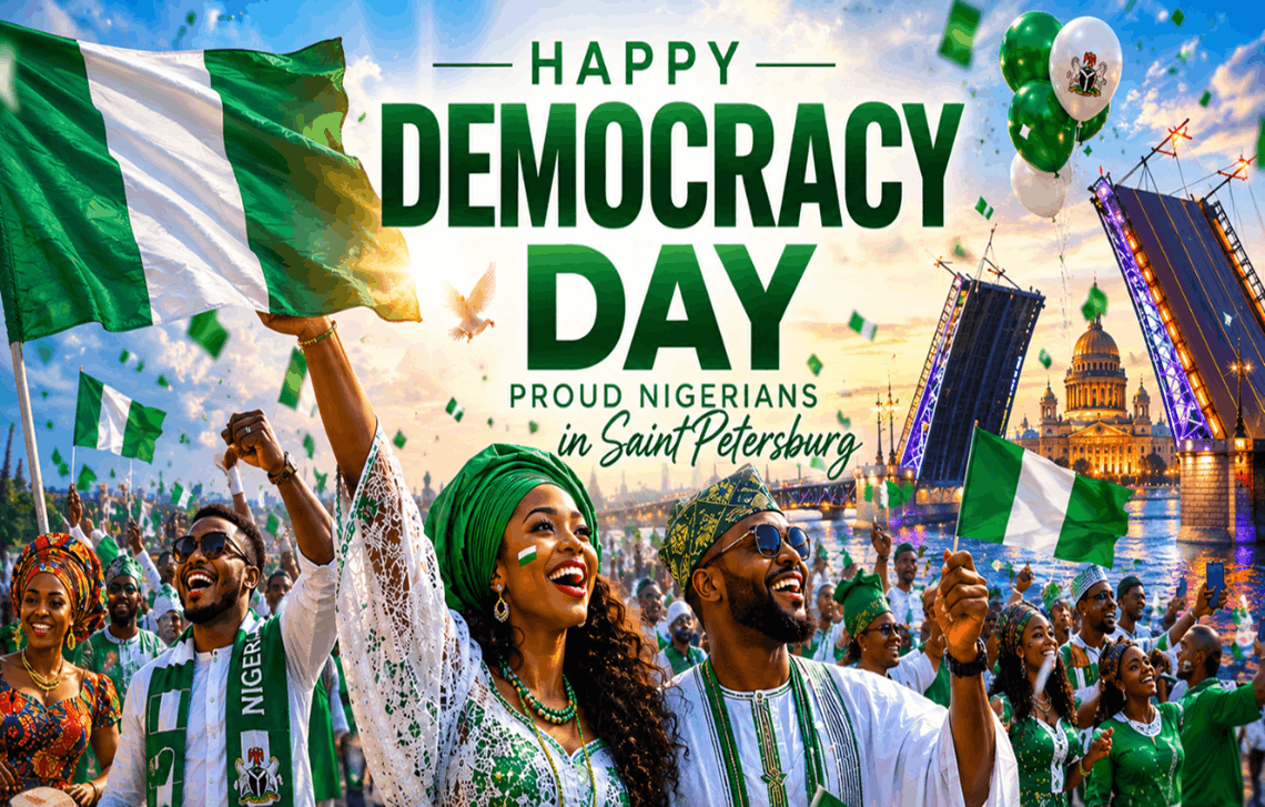 Happy Nigerians celebrating Democracy Day in Saint Petersburg