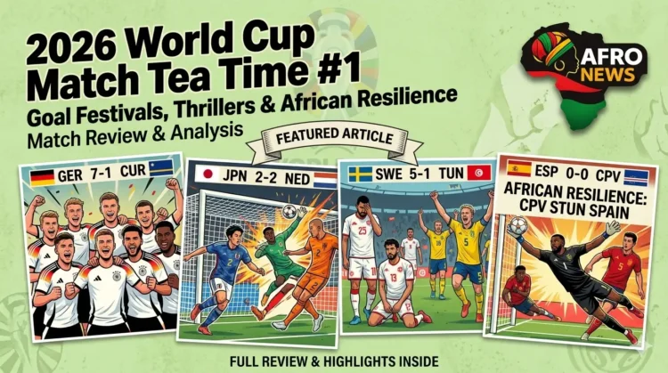 2026 World Cup Match Tea Time 1 review featuring Germany, Japan, Tunisia, and Cabo Verde highlights with the AfroNews logo.