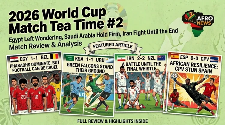 2026 World Cup Match Tea Time 2 review featuring Egypt, Saudi Arabia, Iran, and Cabo Verde highlights with a small AfroNews logo.