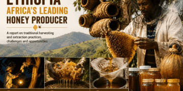 image showing an ethiopian man extracting honey