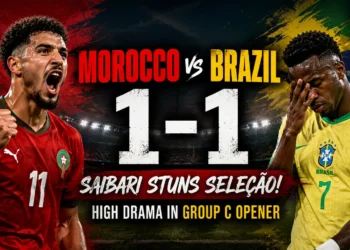 Morocco 1-1 Brazil featured image showing a celebrating Moroccan player and a disappointed Brazilian player after Saibari's dramatic Group C World Cup draw.