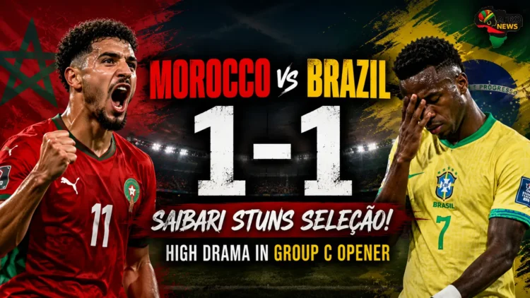 Morocco 1-1 Brazil featured image showing a celebrating Moroccan player and a disappointed Brazilian player after Saibari's dramatic Group C World Cup draw.