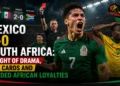 Mexico vs South Africa 2026 World Cup match graphic showing a celebrating Mexican player, a red card, and a frustrated South African player with headline text.