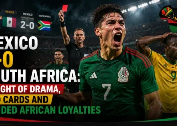 Mexico vs South Africa 2026 World Cup match graphic showing a celebrating Mexican player, a red card, and a frustrated South African player with headline text.
