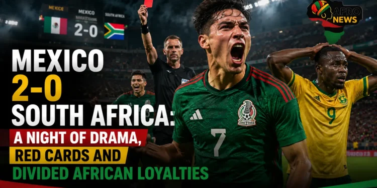 Mexico vs South Africa 2026 World Cup match graphic showing a celebrating Mexican player, a red card, and a frustrated South African player with headline text.