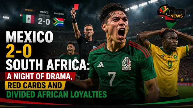 Mexico vs South Africa 2026 World Cup match graphic showing a celebrating Mexican player, a red card, and a frustrated South African player with headline text.