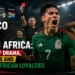 Mexico vs South Africa 2026 World Cup match graphic showing a celebrating Mexican player, a red card, and a frustrated South African player with headline text.