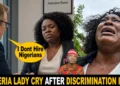 Viral video thumbnail of a Nigerian woman breaking down online discussing migration struggles.
