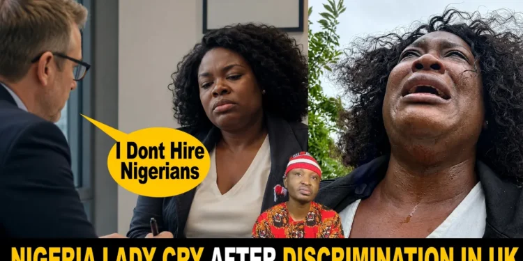 Viral video thumbnail of a Nigerian woman breaking down online discussing migration struggles.