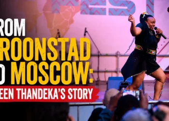 South African artist Queen Thandeka performing modern Zulu folk music on stage in Moscow.