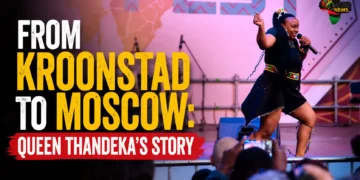 South African artist Queen Thandeka performing modern Zulu folk music on stage in Moscow.
