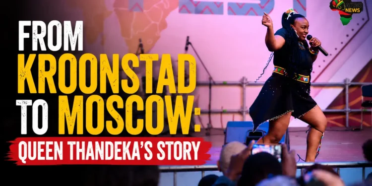 South African artist Queen Thandeka performing modern Zulu folk music on stage in Moscow.