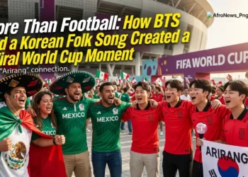 Mexican and South Korean football fans singing together outside a stadium, holding a banner that reads "Arirang" at the FIFA World Cup.