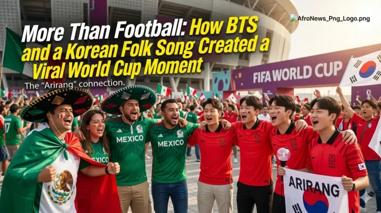 Mexican and South Korean football fans singing together outside a stadium, holding a banner that reads "Arirang" at the FIFA World Cup.