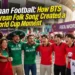 Mexican and South Korean football fans singing together outside a stadium, holding a banner that reads "Arirang" at the FIFA World Cup.